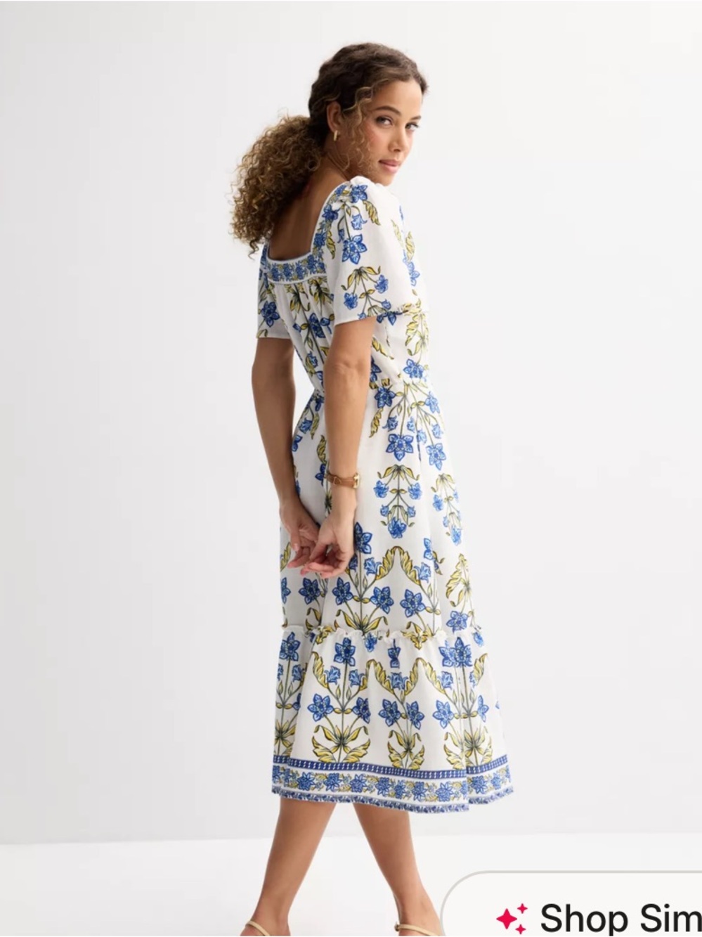 Women’s White Floral Square-Neck dress with Blue & Yellow Print